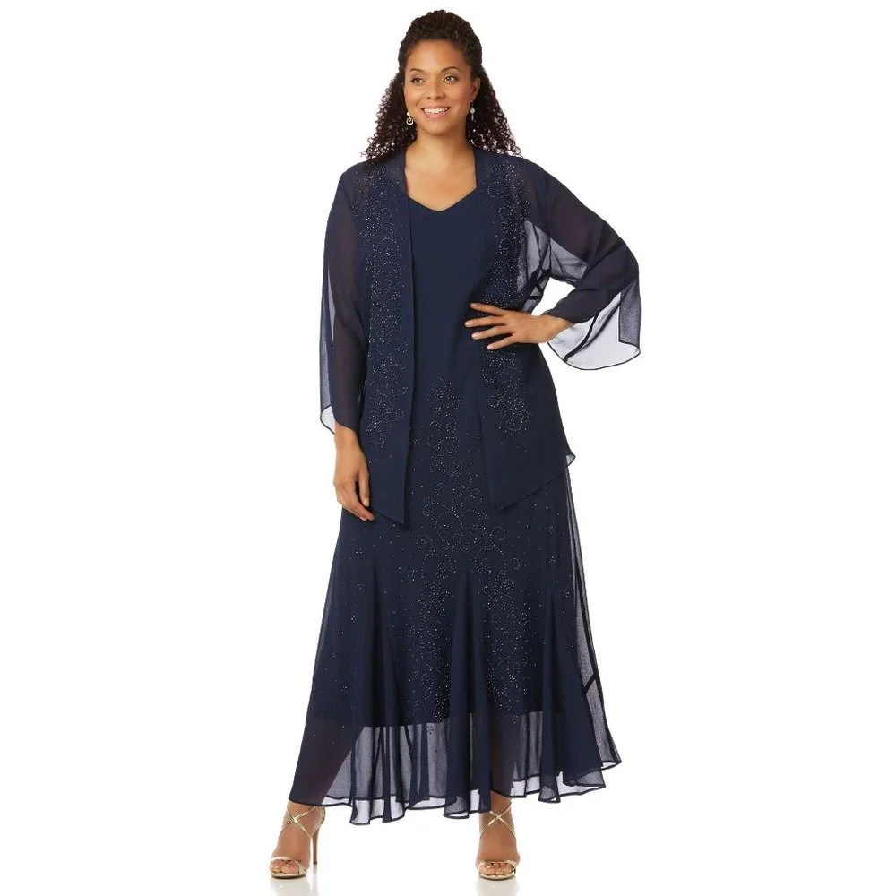 CATHERINES Navy Blue Masquerade Beaded Dress Set sz 18W Women's Plus Evening - Picture 1 of 12